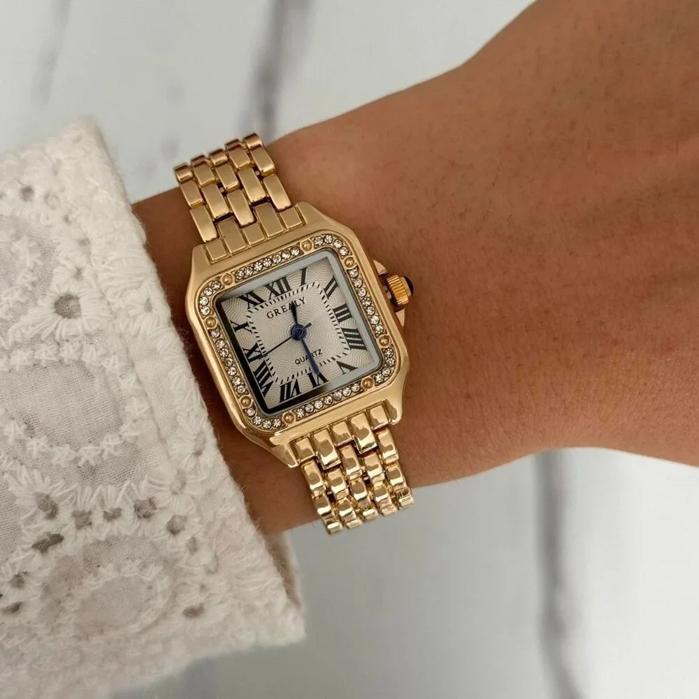 Sku0399‎ Retro Gold Zircon Stones Women Casual Fashion Square Watch + gift bag